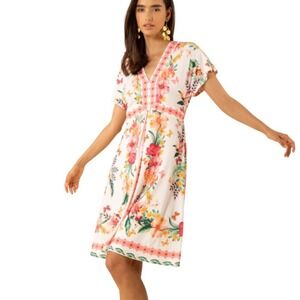 Hale Bob Bridget Jersey Dress M Floral Boho V-Neck Short Sleeve Excellent